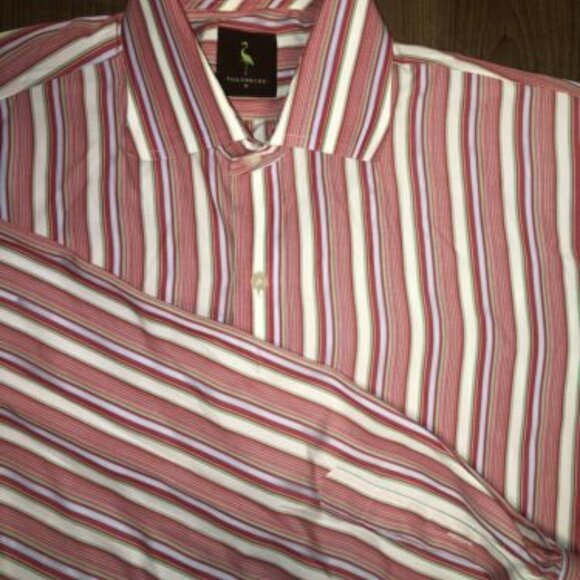 Tailorbyrd Red White Striped Medium Button Up  Dress Shirt Logo Business Style - Picture 1 of 11